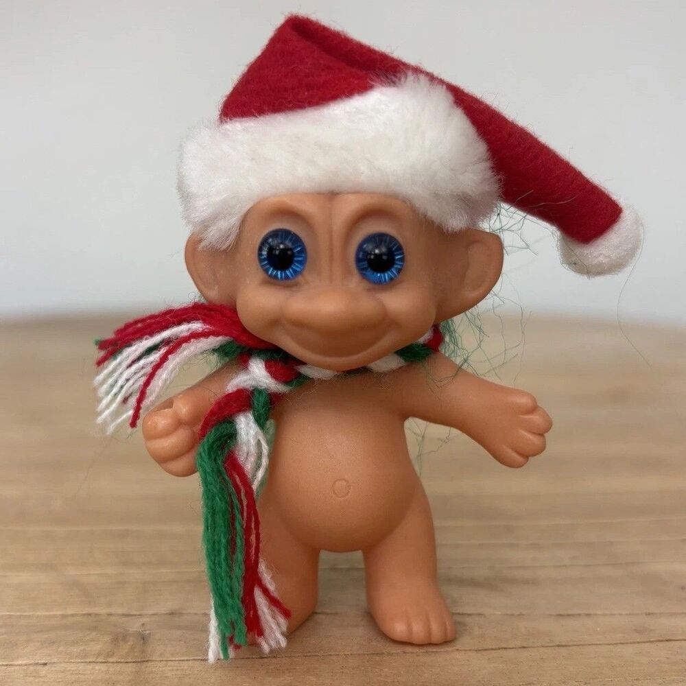 Vintage 60s Troll Doll Santa Hat Made in Korea 3” Blue Eyes Green Hair Scarf